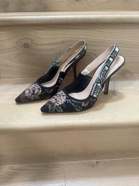 Dior Black Floral Jacquard Slingback Heels with Pink Accents